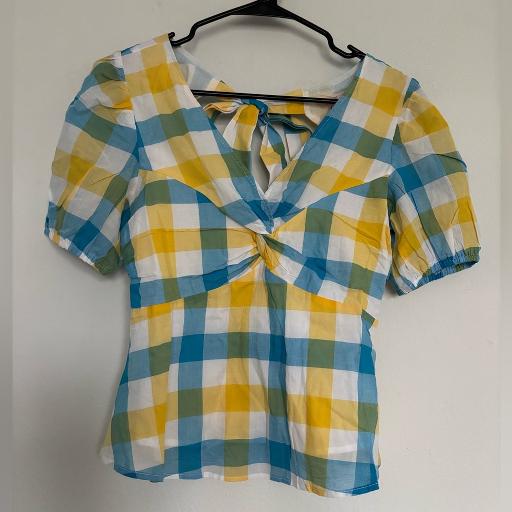SKIES ARE BLUE ANTHROPOLOGIE NWT PLAID PRINTED TIE BACK BLOUSE SZ XSMALL